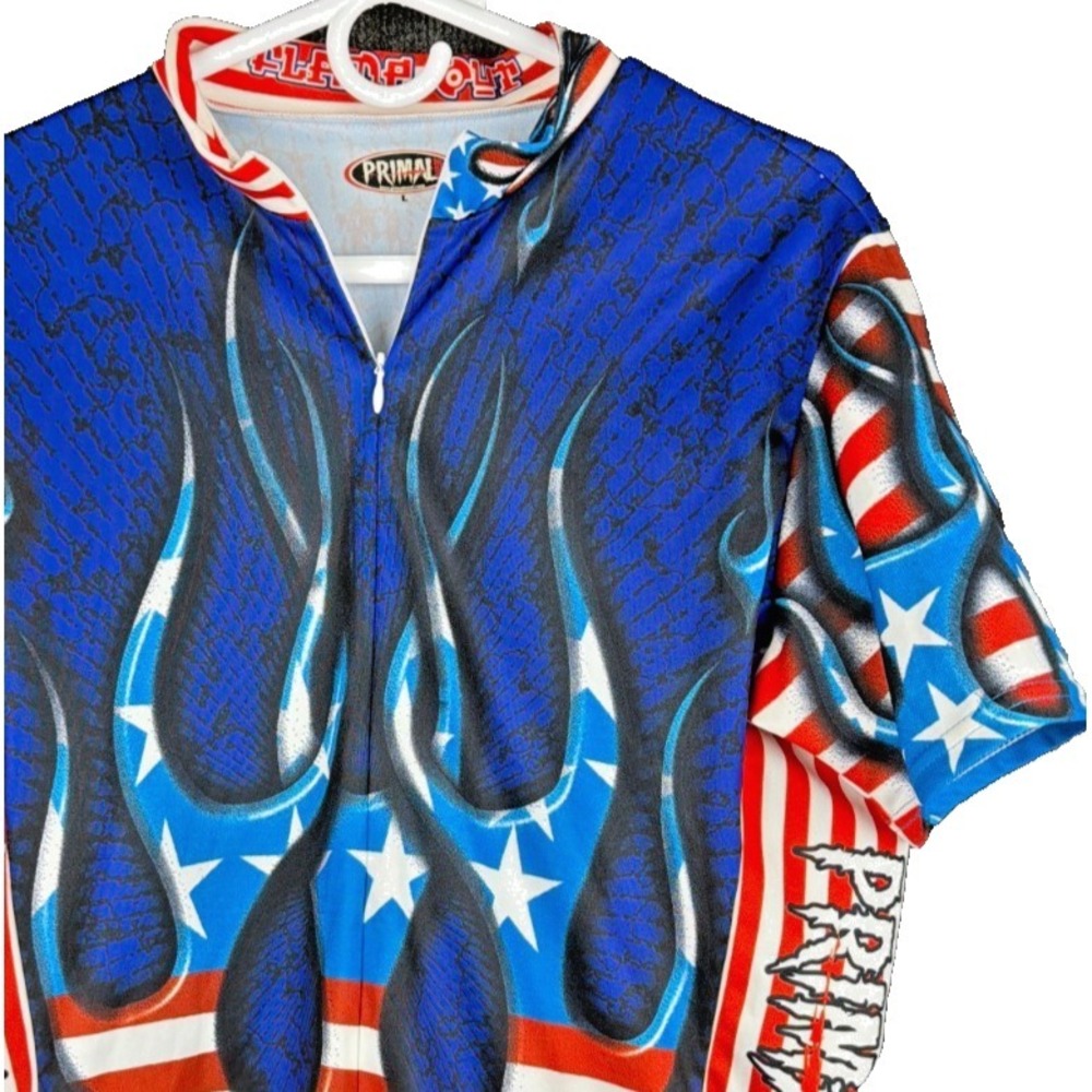 Primal Wear Cycling Jersey Men Large Blue Flame Out USA Flag Patriotic Bike Shir